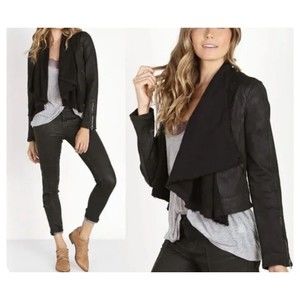 Free People Womens Denim Moto Jacket Knit Collar Black size 8 rocker chic goth